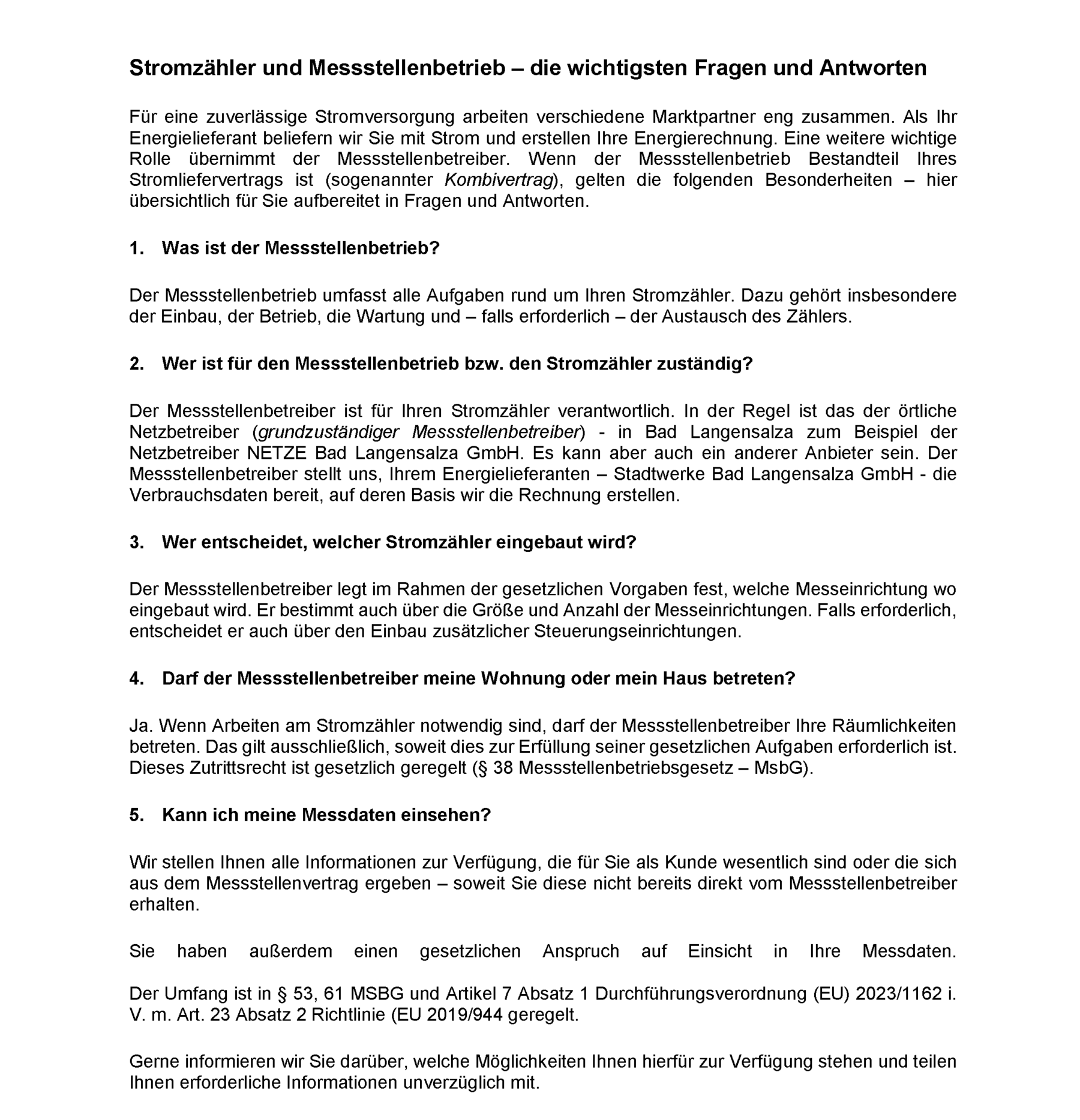 Stromzähler und Messstellenbetrieb Seite